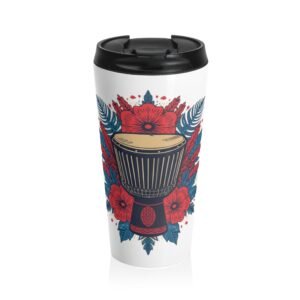 drum & blossoms stainless steel travel mug — floral djembe design
