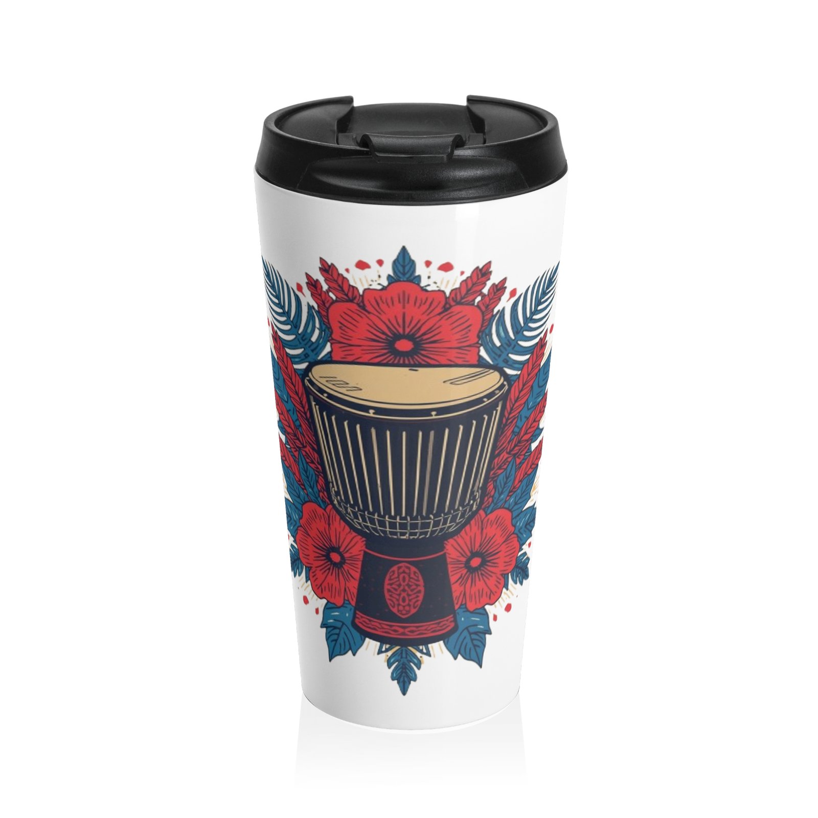 drum & blossoms stainless steel travel mug — floral djembe design